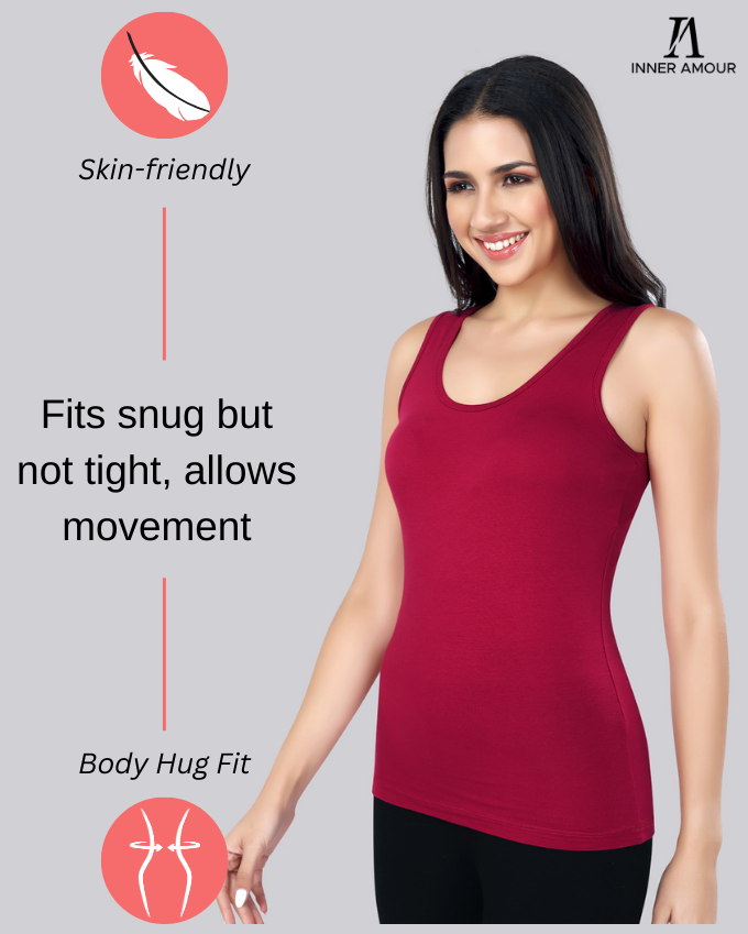 Grey & Maroon Cotton Sleeveless Camisole Tank Top For Women with Broad Straps & Hip Length Fit (Pack of 2)