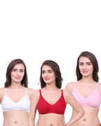 White, Red, Pink Cotton Bra for Women | Non-Padded, Wireless, Full Coverage Daily Wear Bra (Pack of 3)
