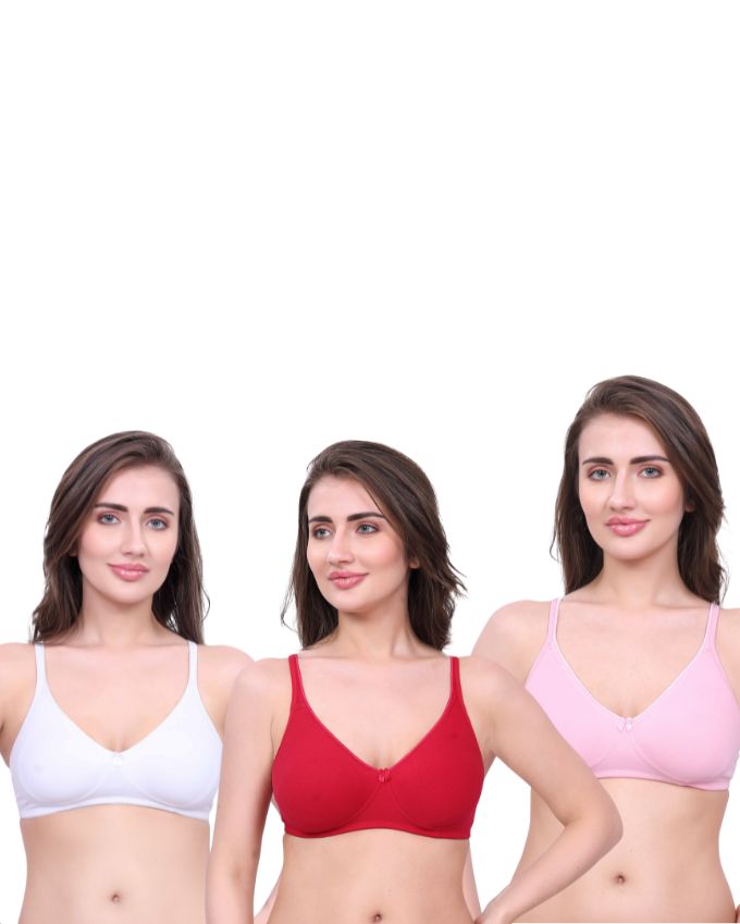 White, Red, Pink Cotton Bra for Women | Non-Padded, Wireless, Full Coverage Daily Wear Bra (Pack of 3)