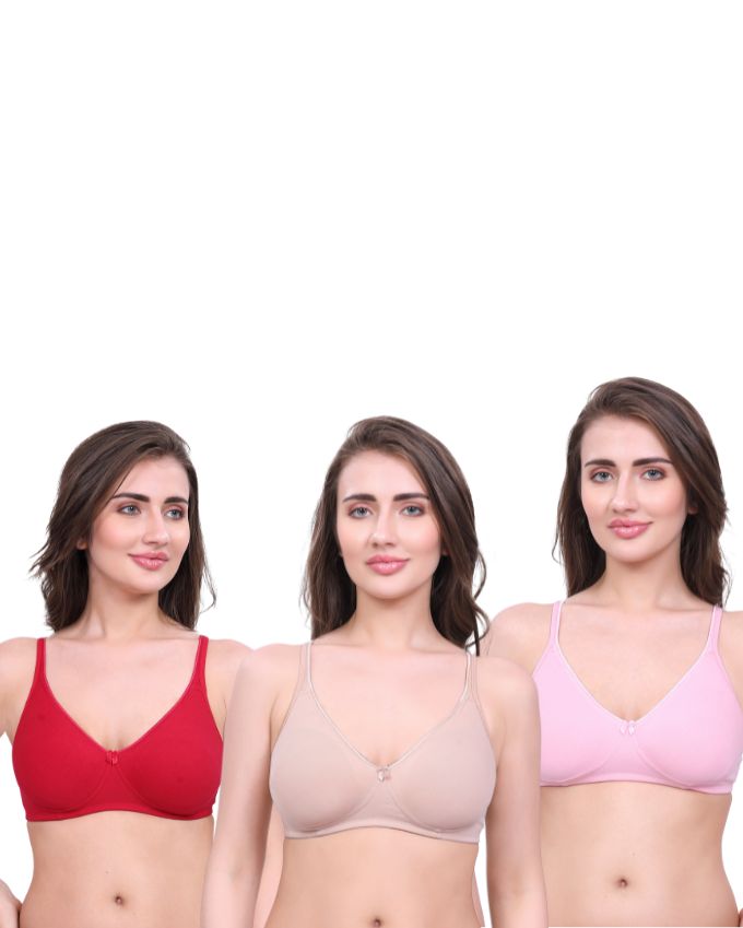 Beige, Red, Pink Cotton Bra for Women | Non-Padded, Wireless, Full Coverage Daily Wear Bra (Pack of 3)