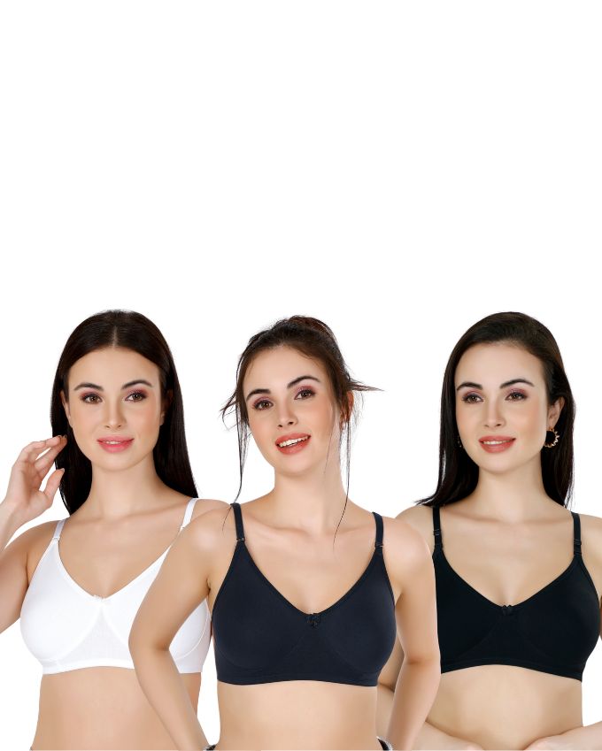 Black, White, Navy Blue Everyday Cotton Bra For Women – Non-Padded, Wire-Free, Breathable & Comfortable Fit (Pack of 3)