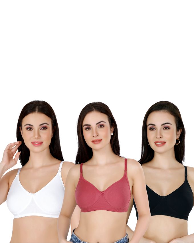 Black, White, Maroon Everyday Cotton Bra For Women – Non-Padded, Wire-Free, Breathable & Comfortable Fit (Pack of 3)