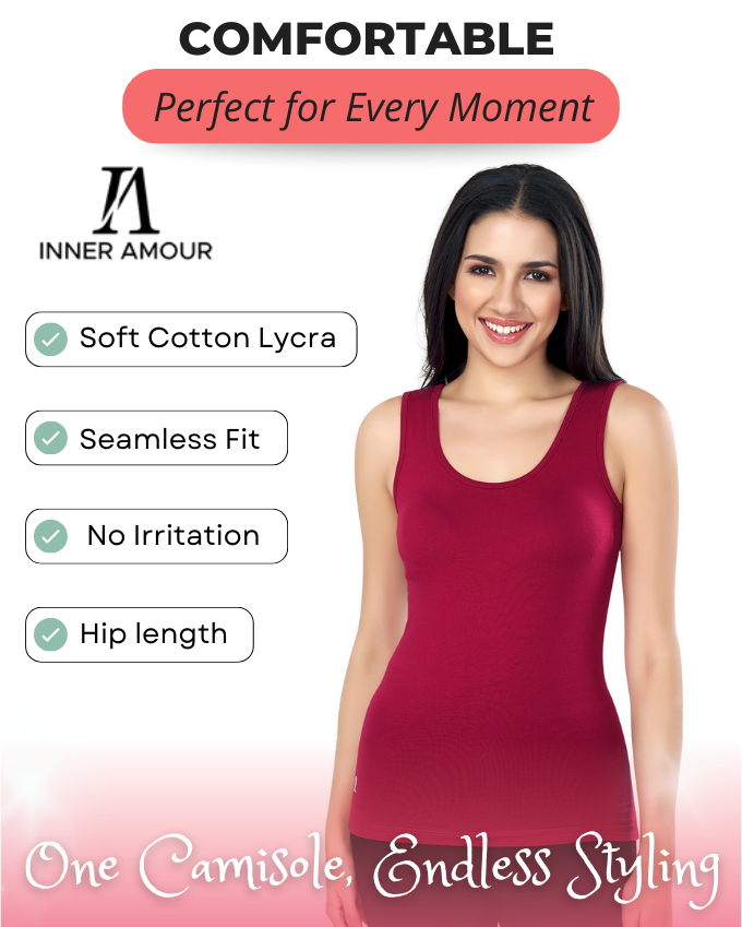 Women’s Maroon Cotton Sleeveless Camisole Tank Top with Broad Straps & Hip Length Fit