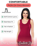 Women’s Maroon Cotton Sleeveless Camisole Tank Top with Broad Straps & Hip Length Fit