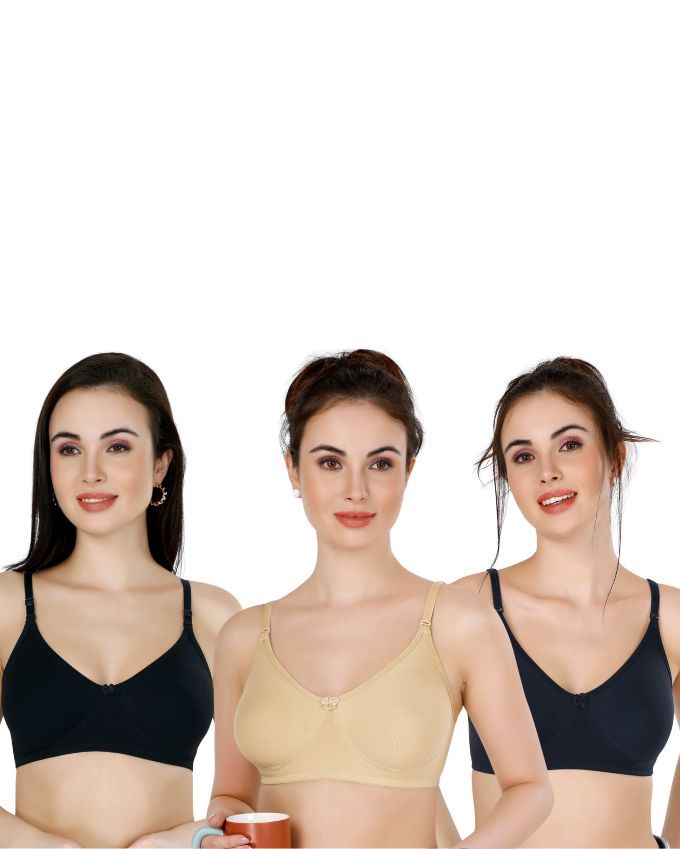 Black, Beige, Navy Blue Everyday Cotton Bra For Women – Non-Padded, Wire-Free, Breathable & Comfortable Fit (Pack of 3)