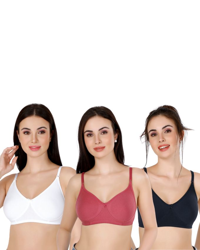 White, Navy Blue, Maroon Everyday Cotton Bra For Women – Non-Padded, Wire-Free, Breathable & Comfortable Fit (Pack of 3)