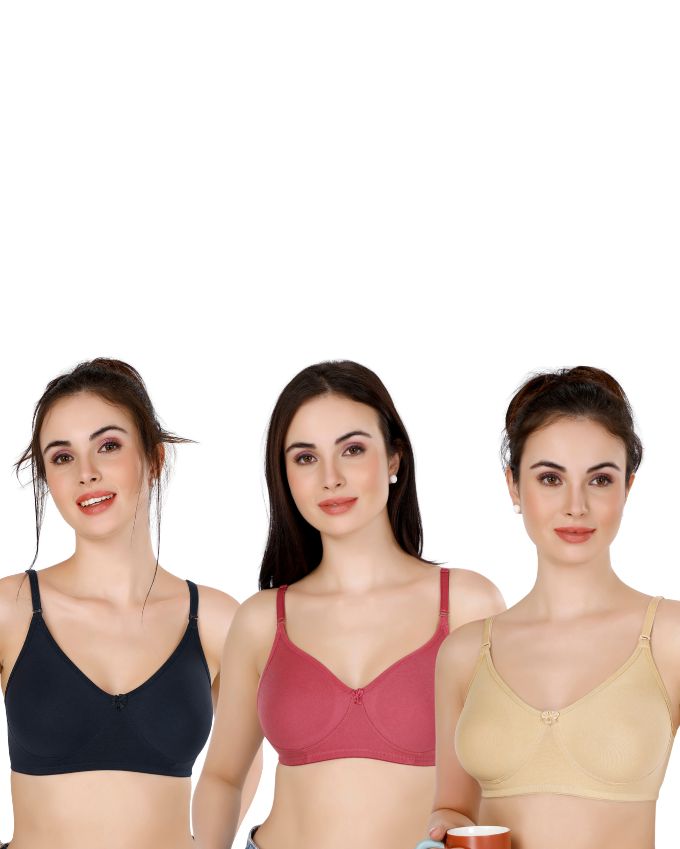 Beige, Navy Blue, Maroon Everyday Cotton Bra For Women – Non-Padded, Wire-Free, Breathable & Comfortable Fit (Pack of 3)