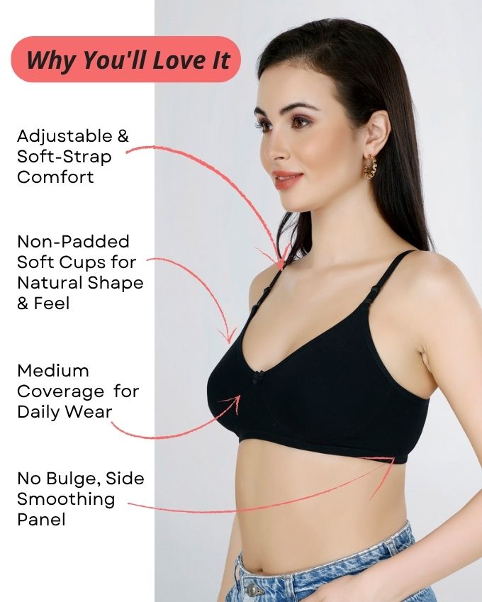 Black & White Women Everyday Cotton Bra – Non-Padded, Wire-Free, Breathable & Comfortable Fit (Pack of 2)