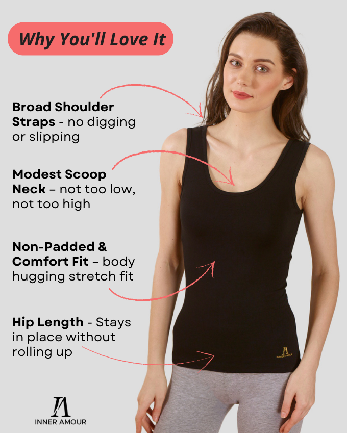 Women’s Black Cotton Sleeveless Camisole Tank Top with Broad Straps & Hip Length Fit