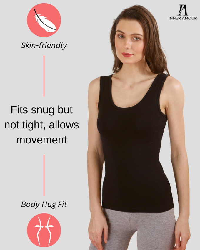 Women’s Black Cotton Sleeveless Camisole Tank Top with Broad Straps & Hip Length Fit
