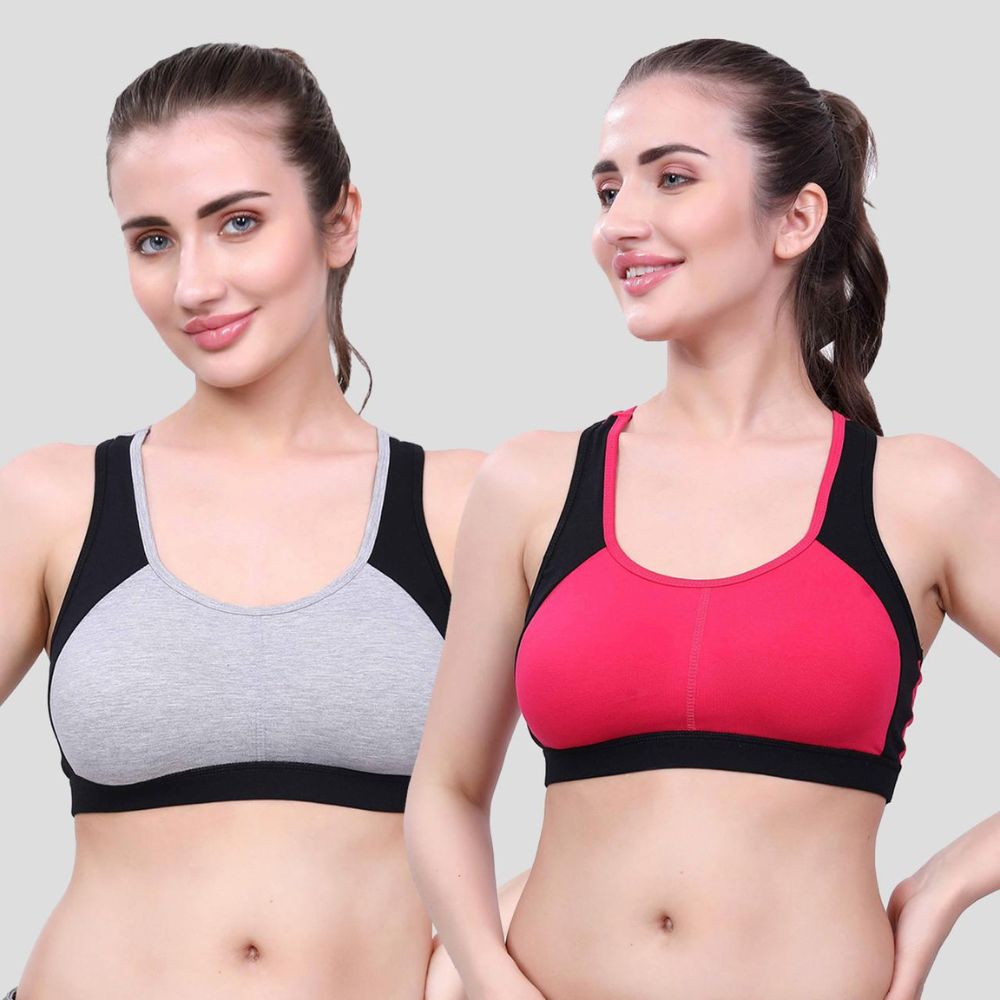 Black Pink & Black Grey Sports Bra for Women | Non-Padded, Moisture-Wicking, Full Coverage Activewear Bra (Pack of 2)
