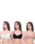 White, Black, Beige Lightly Padded Bra for Women - Wireless Cotton Bra for Daily Wear (Pack of 3)