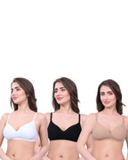 White, Black, Beige Lightly Padded Bra for Women - Wireless Cotton Bra for Daily Wear (Pack of 3)