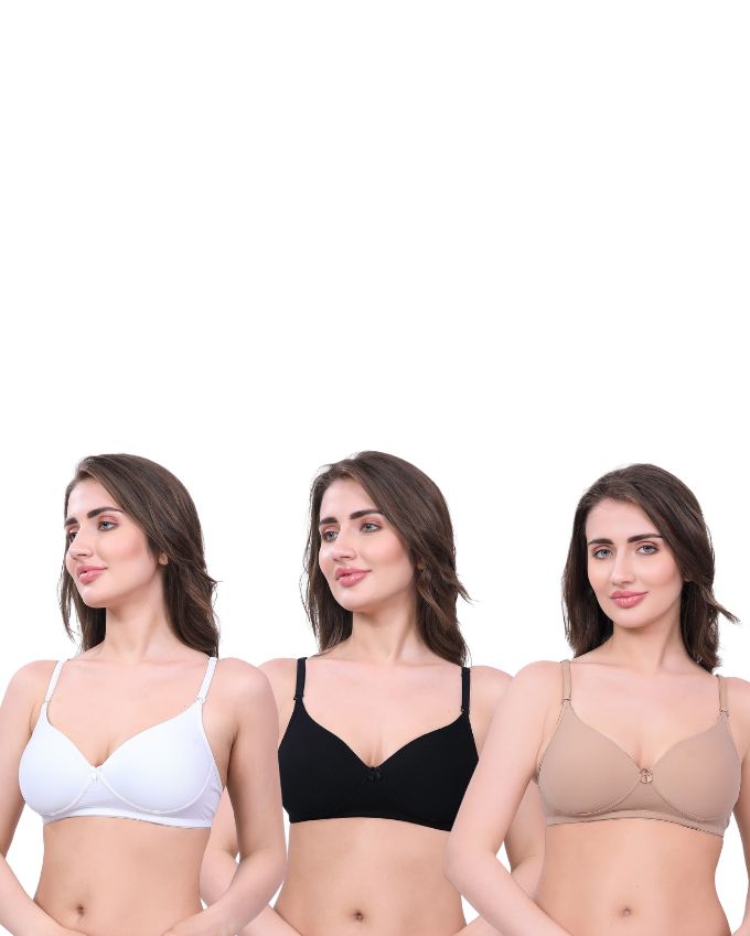 White, Black, Beige Lightly Padded Bra for Women - Wireless Cotton Bra for Daily Wear (Pack of 3)