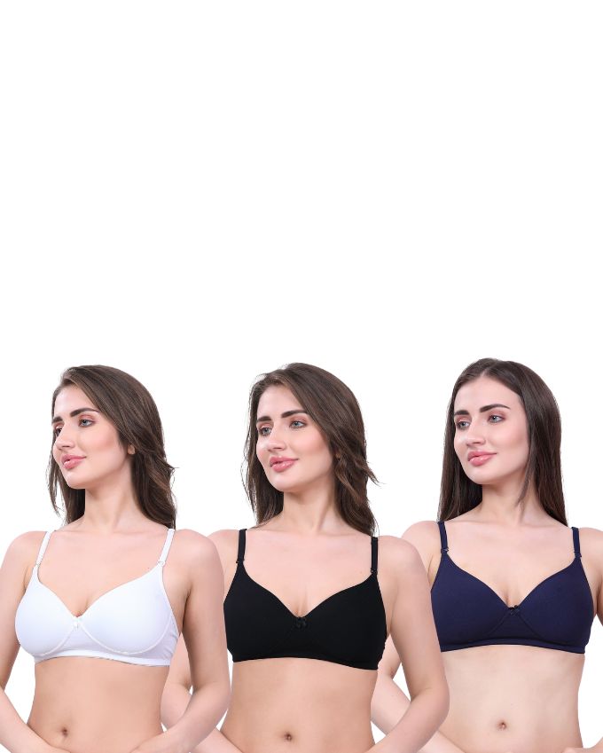 White, Black, Navy Blue Lightly Padded Bra for Women - Wireless Cotton Bra for Daily Wear (Pack of 3)