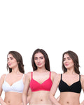 White, Black, Pink Lightly Padded Bra for Women - Wireless Cotton Bra for Daily Wear (Pack of 3)