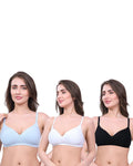 White, Black, Blue Lightly Padded Bra for Women - Wireless Cotton Bra for Daily Wear (Pack of 3)