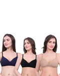 Black, Beige, Navy Blue Lightly Padded Bra for Women - Wireless Cotton Bra for Daily Wear (Pack of 3)