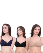 Black, Beige, Navy Blue Lightly Padded Bra for Women - Wireless Cotton Bra for Daily Wear (Pack of 3)