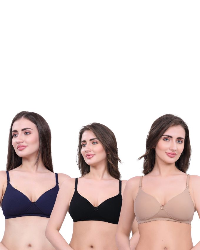 Black, Beige, Navy Blue Lightly Padded Bra for Women - Wireless Cotton Bra for Daily Wear (Pack of 3)