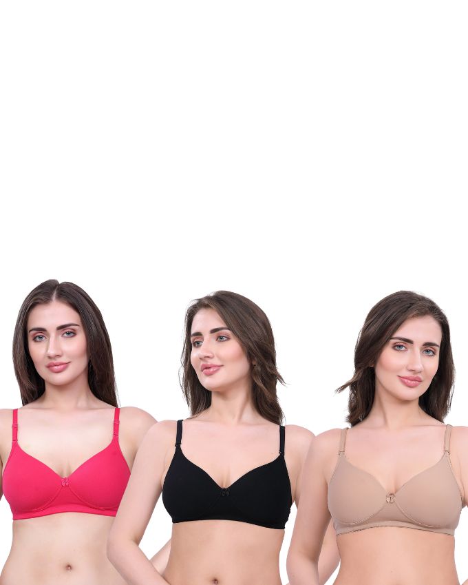 Black, Beige, Pink Lightly Padded Bra for Women - Wireless Cotton Bra for Daily Wear (Pack of 3)