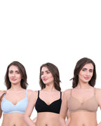 Black, Beige, Blue Lightly Padded Bra for Women - Wireless Cotton Bra for Daily Wear (Pack of 3)