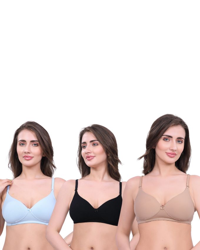 Black, Beige, Blue Lightly Padded Bra for Women - Wireless Cotton Bra for Daily Wear (Pack of 3)