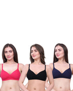 Black, Navy Blue, Pink Lightly Padded Bra for Women - Wireless Cotton Bra for Daily Wear (Pack of 3)