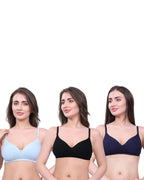 Black, Navy Blue, Blue Lightly Padded Bra for Women - Wireless Cotton Bra for Daily Wear (Pack of 3)