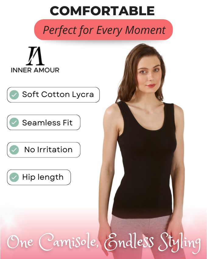 Women’s Black Cotton Sleeveless Camisole Tank Top with Broad Straps & Hip Length Fit