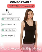 White & Black Cotton Sleeveless Camisole Tank Top For Women with Broad Straps & Hip Length Fit (Pack of 2)