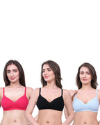 Black, Pink, Blue Lightly Padded Bra for Women - Wireless Cotton Bra for Daily Wear (Pack of 3)