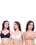White, Beige, Navy Blue Lightly Padded Bra for Women - Wireless Cotton Bra for Daily Wear (Pack of 3)