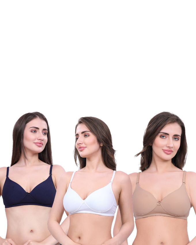 White, Beige, Navy Blue Lightly Padded Bra for Women - Wireless Cotton Bra for Daily Wear (Pack of 3)