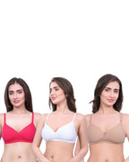 White, Beige, Pink Lightly Padded Bra for Women - Wireless Cotton Bra for Daily Wear (Pack of 3)