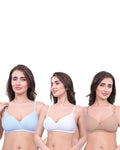 White, Beige, Blue Lightly Padded Bra for Women - Wireless Cotton Bra for Daily Wear (Pack of 3)