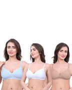 White, Beige, Blue Lightly Padded Bra for Women - Wireless Cotton Bra for Daily Wear (Pack of 3)