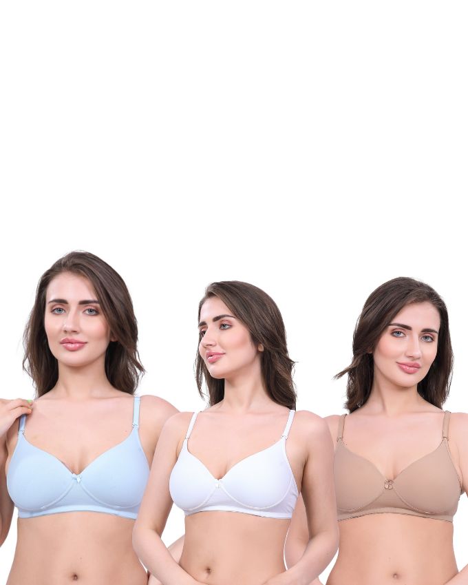 White, Beige, Blue Lightly Padded Bra for Women - Wireless Cotton Bra for Daily Wear (Pack of 3)