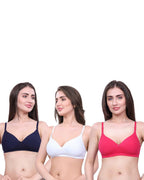 White, Navy Blue, Pink Lightly Padded Bra for Women - Wireless Cotton Bra for Daily Wear (Pack of 3)