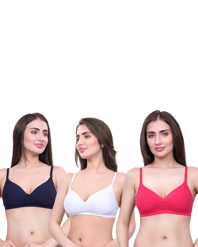 White, Navy Blue, Pink Lightly Padded Bra for Women - Wireless Cotton Bra for Daily Wear (Pack of 3)