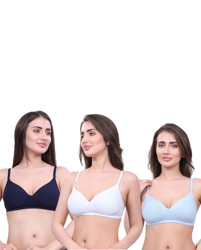 White, Navy Blue, Blue Lightly Padded Bra for Women - Wireless Cotton Bra for Daily Wear (Pack of 3)