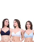 White, Navy Blue, Blue Lightly Padded Bra for Women - Wireless Cotton Bra for Daily Wear (Pack of 3)