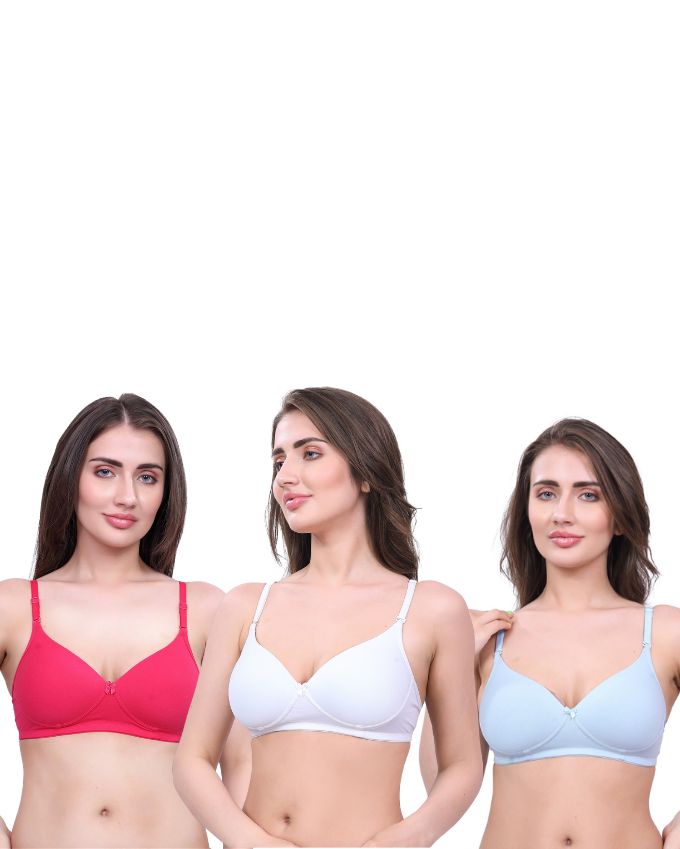 White, Pink, Blue Lightly Padded Bra for Women - Wireless Cotton Bra for Daily Wear (Pack of 3)