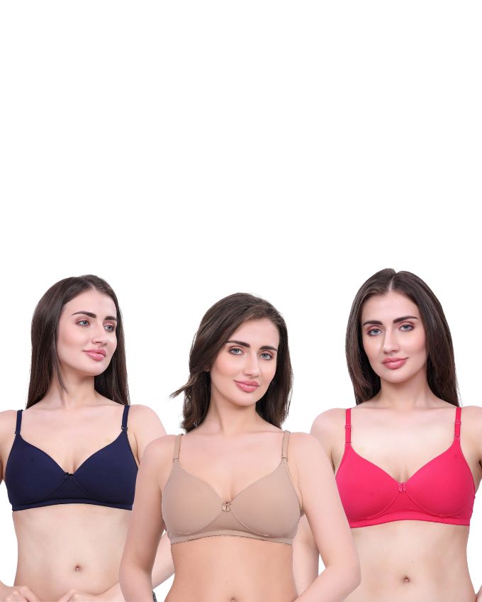 Navy Blue, Pink, Beige Lightly Padded Bra for Women - Wireless Cotton Bra for Daily Wear (Pack of 3)