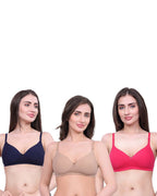 Navy Blue, Pink, Beige Lightly Padded Bra for Women - Wireless Cotton Bra for Daily Wear (Pack of 3)