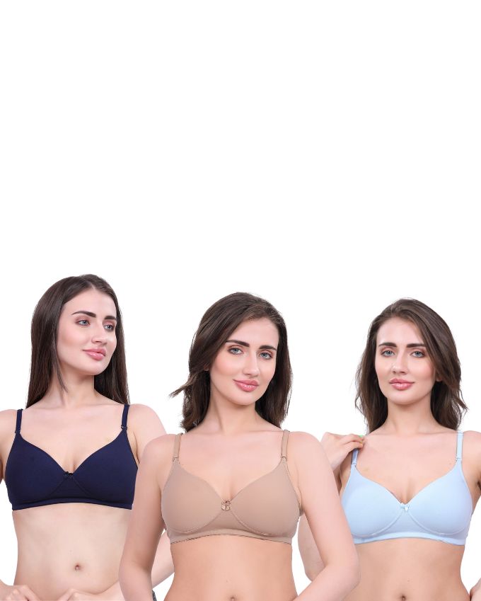 Navy Blue, Blue, Beige Lightly Padded Bra for Women - Wireless Cotton Bra for Daily Wear (Pack of 3)