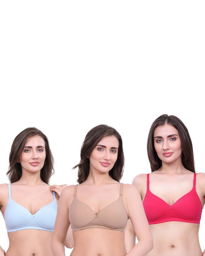 Beige, Blue, Pink Lightly Padded Bra for Women - Wireless Cotton Bra for Daily Wear (Pack of 3)