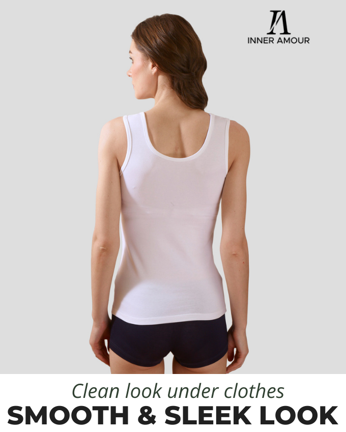 Women’s White Cotton Sleeveless Camisole Tank Top with Broad Straps & Hip Length Fit