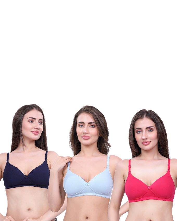 Navy Blue, Blue, Pink Lightly Padded Bra for Women - Wireless Cotton Bra for Daily Wear (Pack of 3)