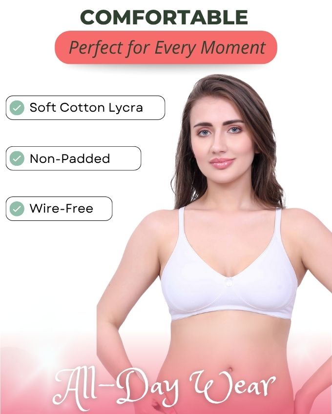 White, Beige, Red Cotton Bra for Women | Non-Padded, Wireless, Full Coverage Daily Wear Bra (Pack of 3)